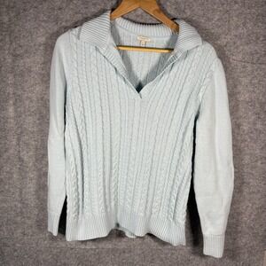 Talbots Cable Knit Sweater Light Blue Collar VNeck Womens Large Academic Preppy